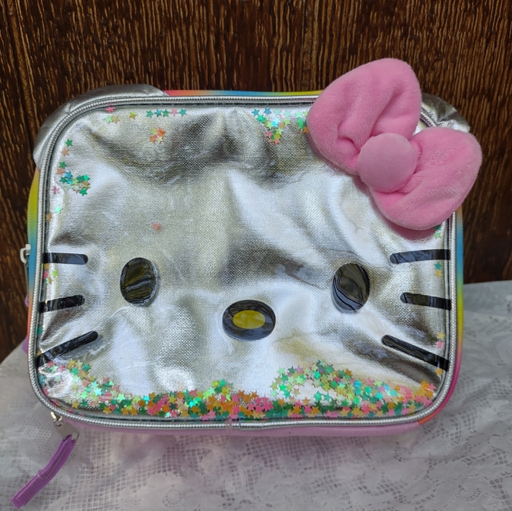 Sanrio Hello Kitty Kids Lunch Box with 3-D Ears and Rainbow Sequins. 